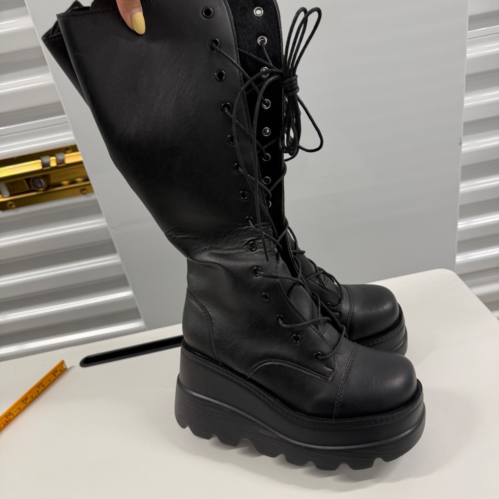 Black Platform Knee High Boots Lace Up Goth Punk Wedge Lug Sole Size 37
